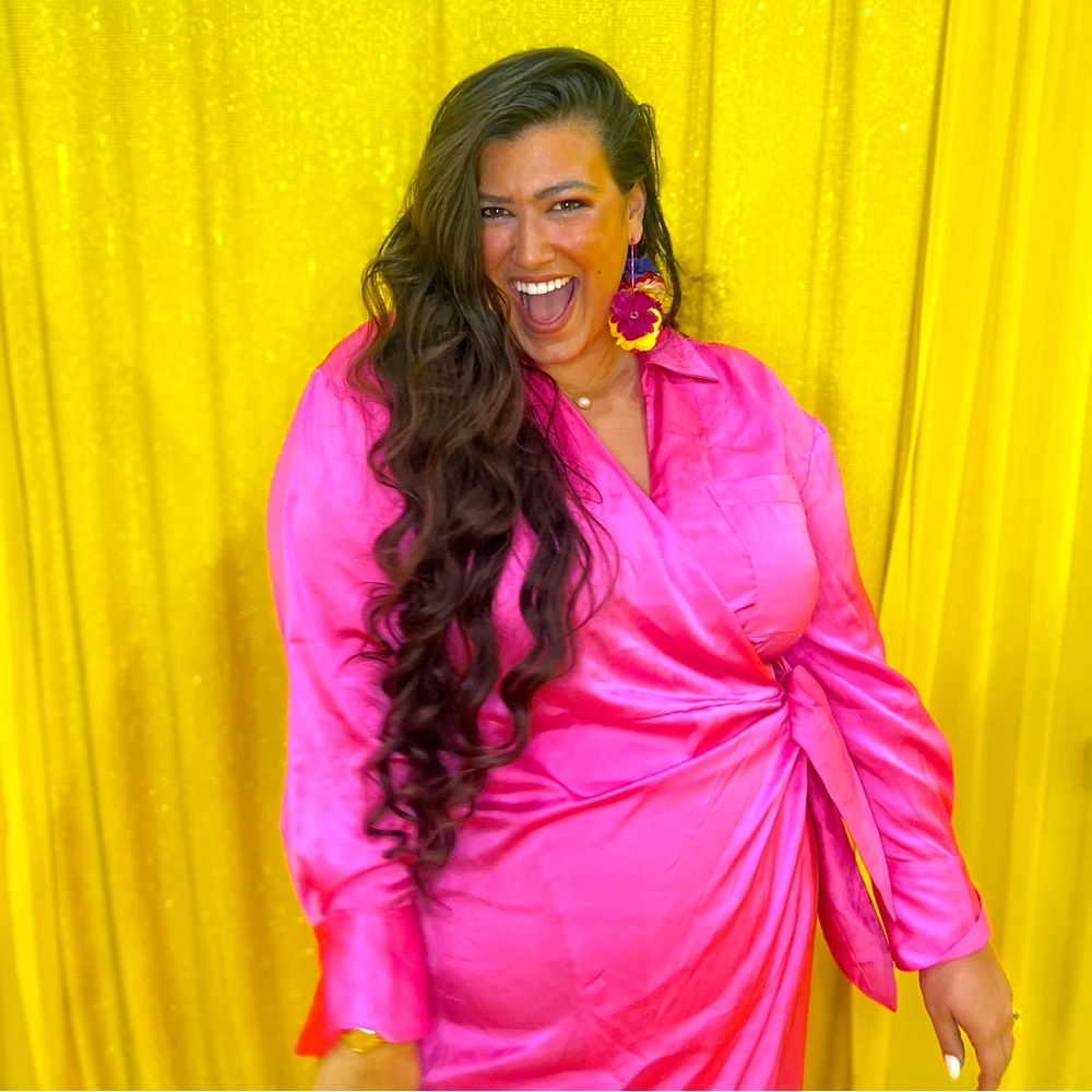 Bright Pink Wrap Satin Dress - Women's Plus